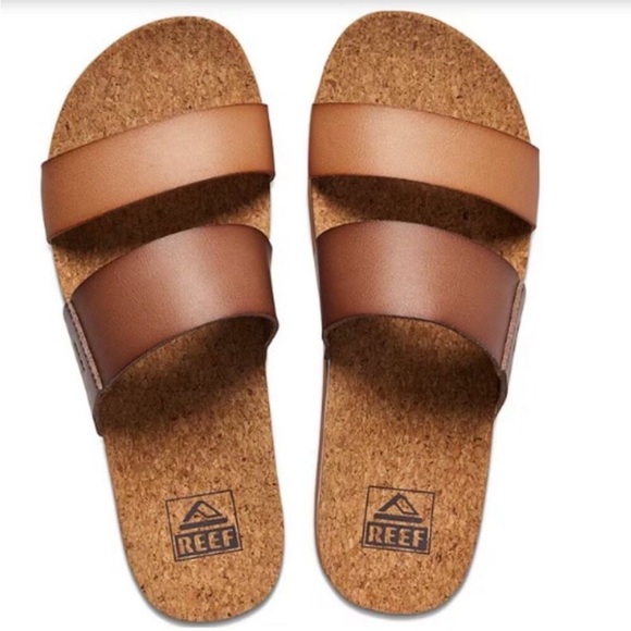 Reef Cushion Bounce Vista Hi Slide Sandals Platform Two Strap Brown Leather - Picture 2 of 12